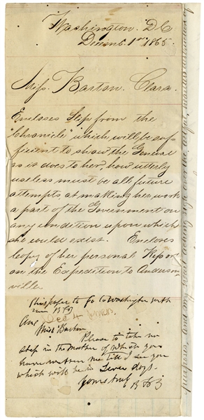Emotional Clara Barton Autograph Letter Signed, Regarding Missing Soldiers -- ''...This Officer with his undeserved rank, his manners, his tricks, his falsehoods, his forgeries and his crimes...''